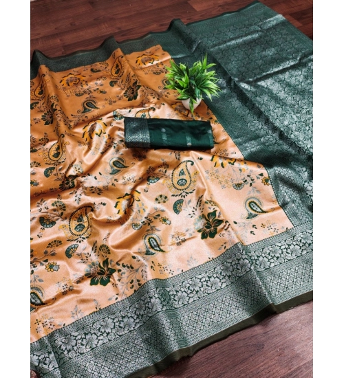 Women's Banarasi Jacquard Printed Saree With Unstitched Blouse 5.5Mtr (Orange)