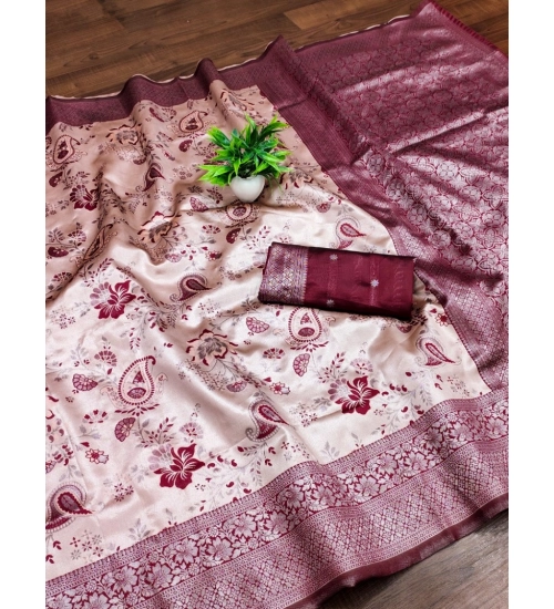 Women's Banarasi Jacquard Printed Saree With Unstitched Blouse 5.5Mtr (Wine)
