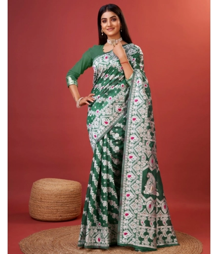 Women's Cotton Silk Printed Saree With Unstitched Blouse 5.5Mtr (Green)