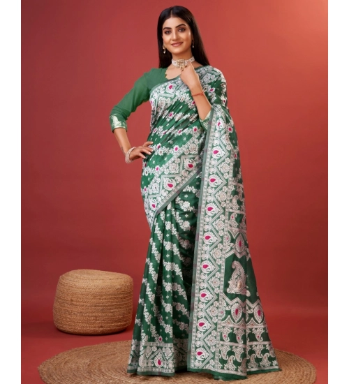 Women's Cotton Silk Printed Saree With Unstitched Blouse 5.5Mtr (Green)