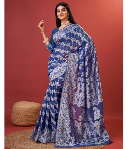 Women's Cotton Silk Printed Saree With Unstitched Blouse 5.5Mtr (Blue)