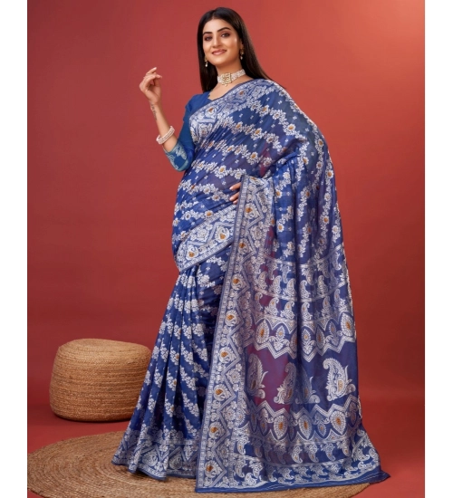 Women's Cotton Silk Printed Saree With Unstitched Blouse 5.5Mtr (Blue)