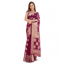 Women's Soft Organza Silk Weaving Design Saree With Unstitched Blouse 5.5Mtr (Wine)