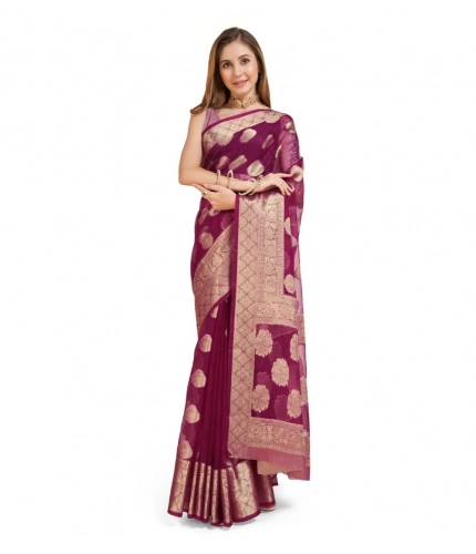 Women's Soft Organza Silk Weaving Design Saree With Unstitched Blouse 5.5Mtr (Wine)