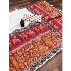 Women's linen Digital Print Saree With Unstitched Blouse 5.5Mtr (White)