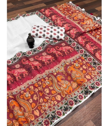 Women's linen Digital Print Saree With Unstitched Blouse 5.5Mtr (White) Women's linen Digital Print Saree With Unstitched Blouse 5.5Mtr (White)