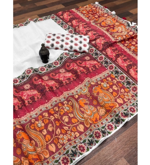 Women's linen Digital Print Saree With Unstitched Blouse 5.5Mtr (White)