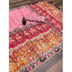 Women's linen Digital Print Saree With Unstitched Blouse 5.5Mtr (Pink)