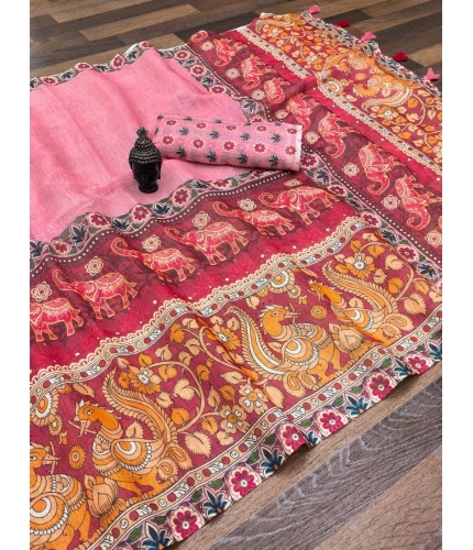 Women's linen Digital Print Saree With Unstitched Blouse 5.5Mtr (Pink)