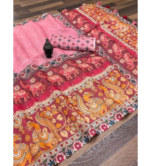 Women's linen Digital Print Saree With Unstitched Blouse 5.5Mtr (Pink)