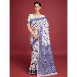 Women's Jamdani Cotton Silk Printed Saree With Unstitched Blouse 5.5Mtr (Navy Blue)