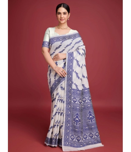 Women's Jamdani Cotton Silk Printed Saree With Unstitched Blouse 5.5Mtr (Navy Blue)