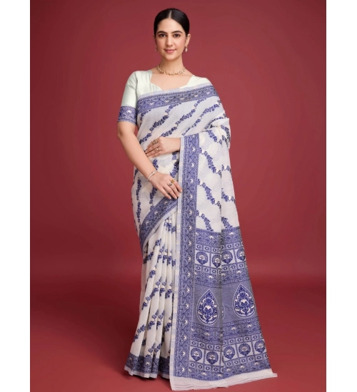 Women's Jamdani Cotton Silk Printed Saree With Unstitched Blouse 5.5Mtr (Navy Blue)