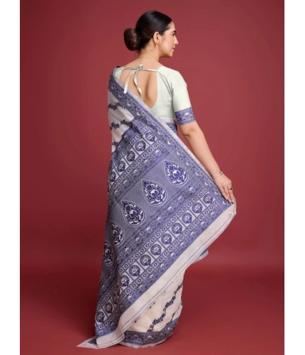 Women's Jamdani Cotton Silk Printed Saree With Unstitched Blouse 5.5Mtr (Navy Blue)