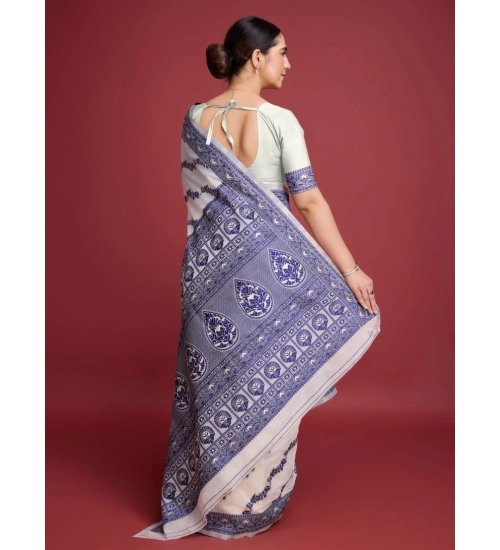 Women's Jamdani Cotton Silk Printed Saree With Unstitched Blouse 5.5Mtr (Navy Blue)