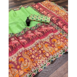 Women's linen Digital Print Saree With Unstitched Blouse 5.5Mtr (Light Green)