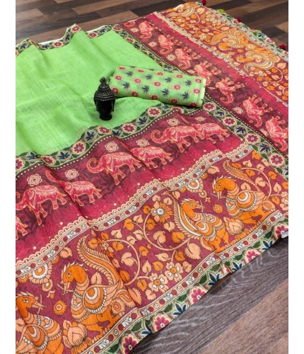 Women's linen Digital Print Saree With Unstitched Blouse 5.5Mtr (Light Green)