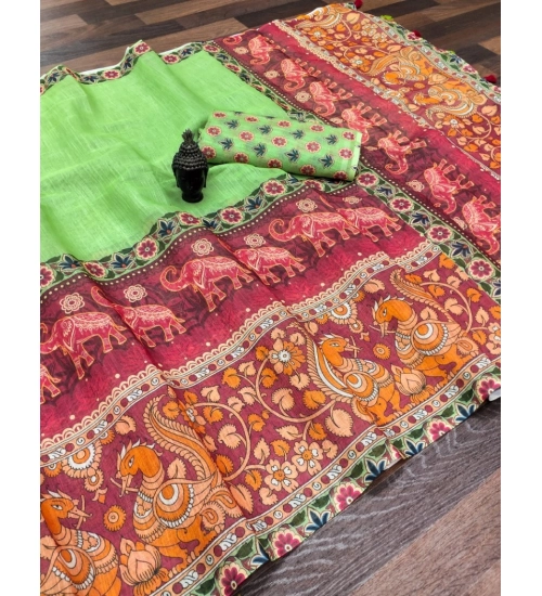 Women's linen Digital Print Saree With Unstitched Blouse 5.5Mtr (Light Green)