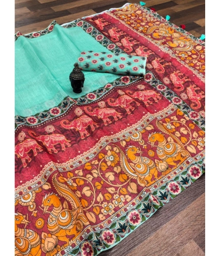 Women's linen Digital Print Saree With Unstitched Blouse 5.5Mtr (Turquoise)