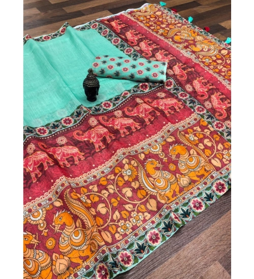 Women's linen Digital Print Saree With Unstitched Blouse 5.5Mtr (Turquoise)