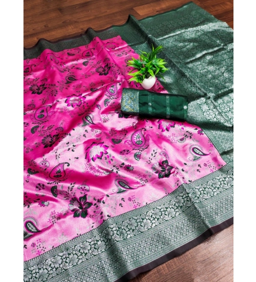 Women's Banarasi Jacquard Printed Saree With Unstitched Blouse 5.5Mtr (DPink)