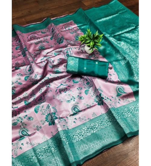 Women's Banarasi Jacquard Printed Saree With Unstitched Blouse 5.5Mtr (Pink)