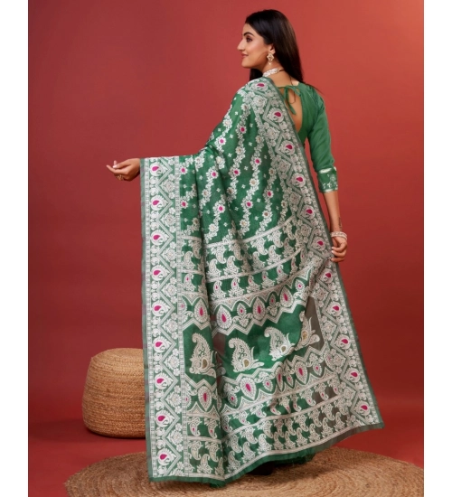 Women's Cotton Silk Printed Saree With Unstitched Blouse 5.5Mtr (Green)
