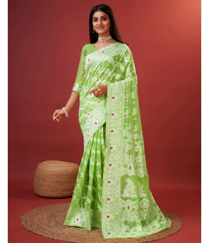 Women's Cotton Silk Printed Saree With Unstitched Blouse 5.5Mtr (Light Green)