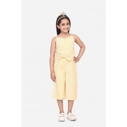 Girl's Polyester Cotton Blend Striped Sleeveless Round Neck Dress (Yellow)
