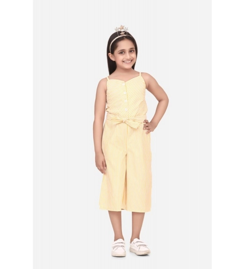 Girl's Polyester Cotton Blend Striped Sleeveless Round Neck Dress (Yellow)
