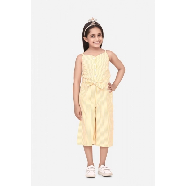 Dropship Girl's Polyester Cotton Blend Striped Sleeveless Round Neck Dress (Yellow)