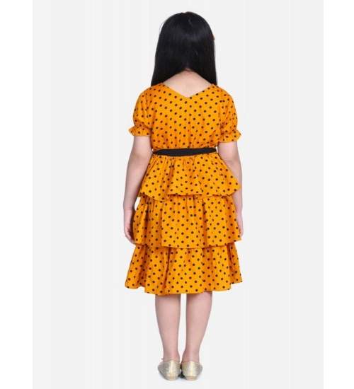 Girl's Polyester Crepe Printed Puff V-Neck Dress (Orange)