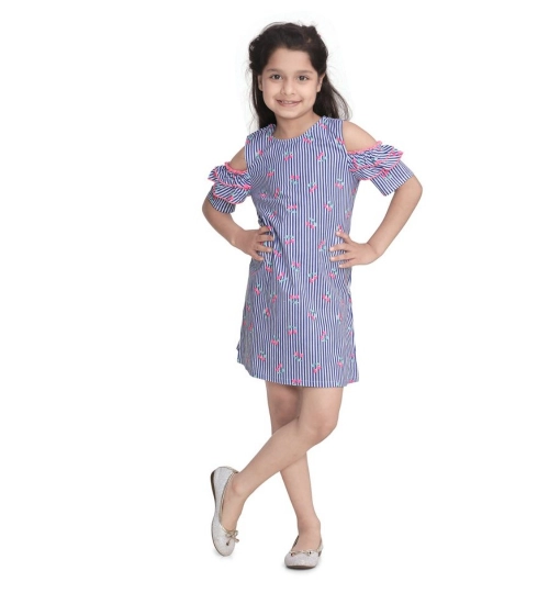 Girl's Cotton Striped Cold Shoulder Round Neck Dress (Blue)