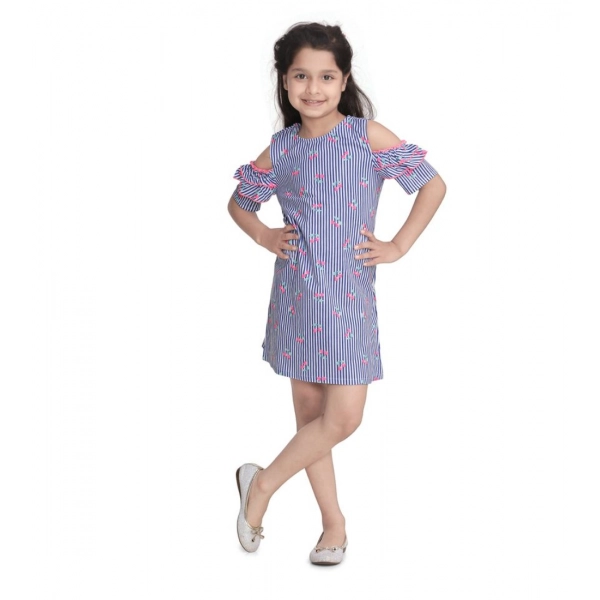 Dropship Girl's Cotton Striped Cold Shoulder Round Neck Dress (Blue)