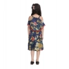 Dropship Girl's Satin Floral Printed Cold Shoulder Round Neck Dress (Navy Blue)
