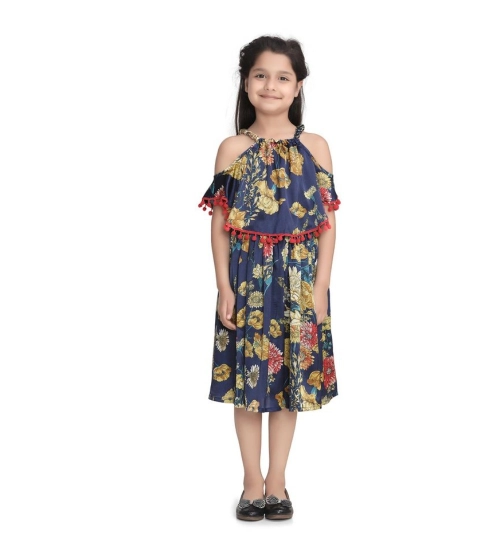 Girl's Satin Floral Printed Cold Shoulder Round Neck Dress (Navy Blue)