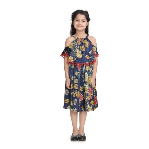 Dropship Girl's Satin Floral Printed Cold Shoulder Round Neck Dress (Navy Blue)