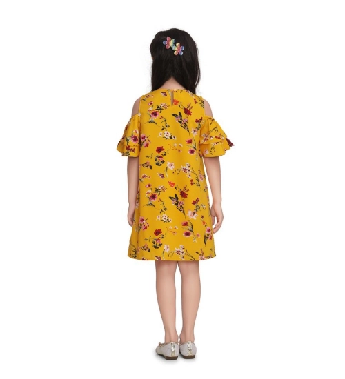 Girl's Polyester Crepe Floral Printed Long Sleeve Round Neck Dress (Yellow)