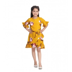 Girl's Polyester Crepe Floral Printed Cold Shoulder Round Neck Dress (Mustard)