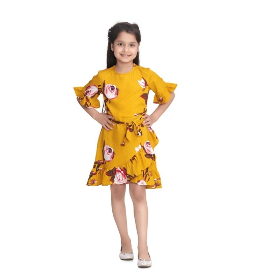 Girl's Polyester Crepe Floral Printed Cold Shoulder Round Neck Dress (Mustard)
