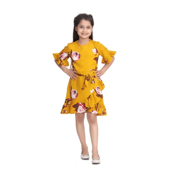 Dropship Girl's Polyester Crepe Floral Printed Cold Shoulder Round Neck Dress (Mustard)