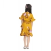 Dropship Girl's Polyester Crepe Floral Printed Cold Shoulder Round Neck Dress (Mustard)