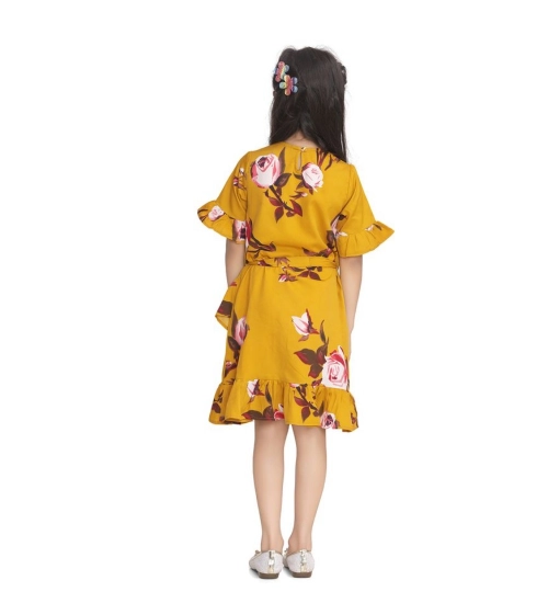 Girl's Polyester Crepe Floral Printed Cold Shoulder Round Neck Dress (Mustard)