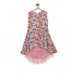 Girl's Polyester Crepe Printed Sleeveless Round Neck Dress (Multicolor)