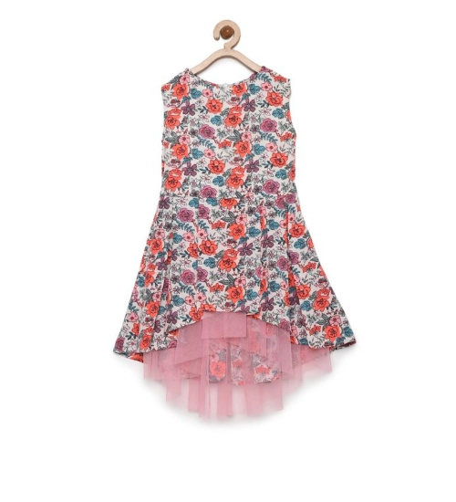Girl's Polyester Crepe Printed Sleeveless Round Neck Dress (Multicolor)