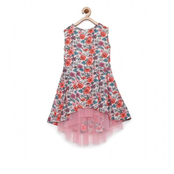 Dropship Girl's Polyester Crepe Printed Sleeveless Round Neck Dress (Multicolor)