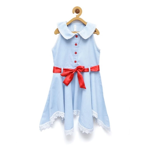 Girl's Denim Lace Solid Sleeveless Shirt collar Dress (Light Blue)