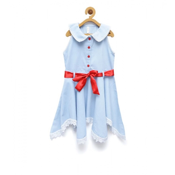 Dropship Girl's Denim Lace Solid Sleeveless Shirt collar Dress (Light Blue)