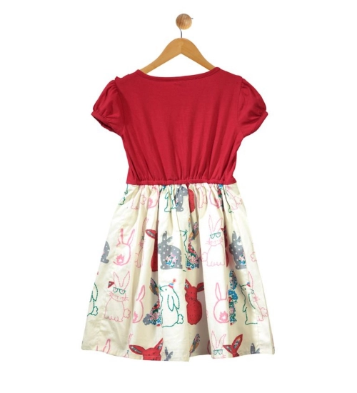 Girl's Cotton Printed Short Sleeve Round Neck Dress (Red-White)