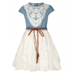 Girl's Denim Embroidery Short Sleeve Round Neck Dress (White)